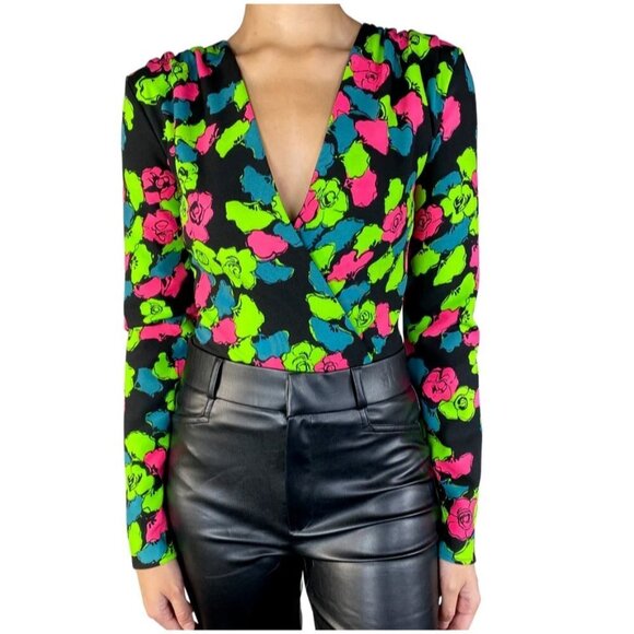 NWT Zara  Neon Colours Floral Long Sleeve Bodysuit XS - Picture 1 of 7